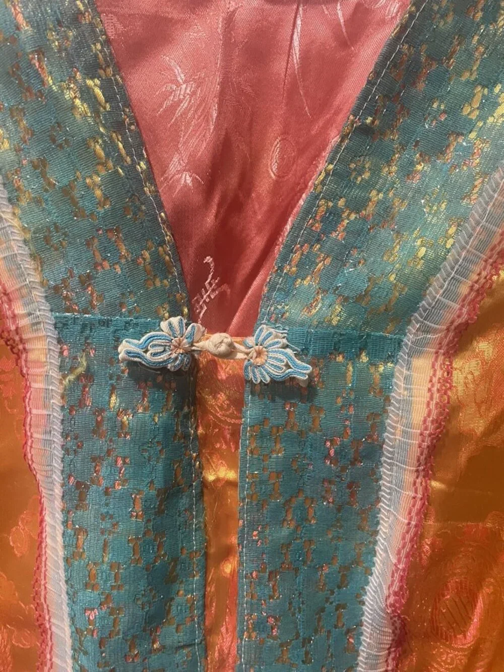 Kimono Coat Intricate Asian Robe Jacket Vintage Gold/Teal/ Orange Silk Lace